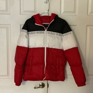 Guess Tri-Color Puffer Jacket - Red, White, Black